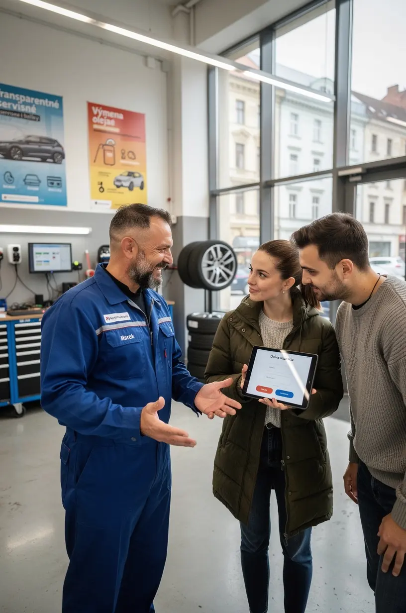 Montážny mechanik kontroluje motorový olej a filtre v modernom autoservise na Slovensku. Zákazník používa online rezervačný systém na výber služby údržby vozidla s transparentnou cenou. Detailný záber na balíček údržby auta obsahujúci výmenu oleja, filtrov a kontrolu tekutín s jasným cenovým rozpísaním.