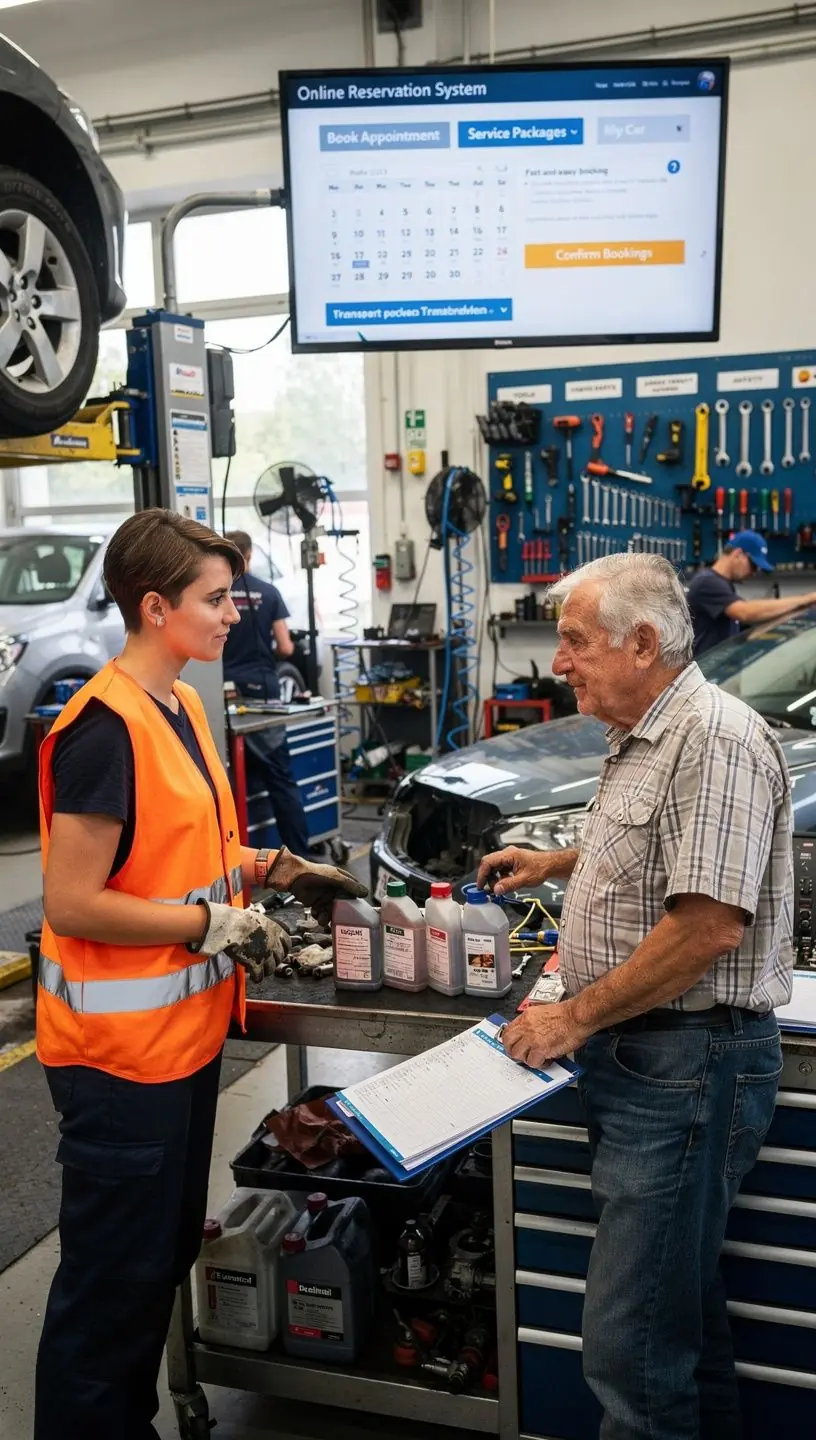 Montážny mechanik kontroluje motorový olej a filtre v modernom autoservise na Slovensku. Zákazník používa online rezervačný systém na výber služby údržby vozidla s transparentnou cenou. Detailný záber na balíček údržby auta obsahujúci výmenu oleja, filtrov a kontrolu tekutín s jasným cenovým rozpísaním.